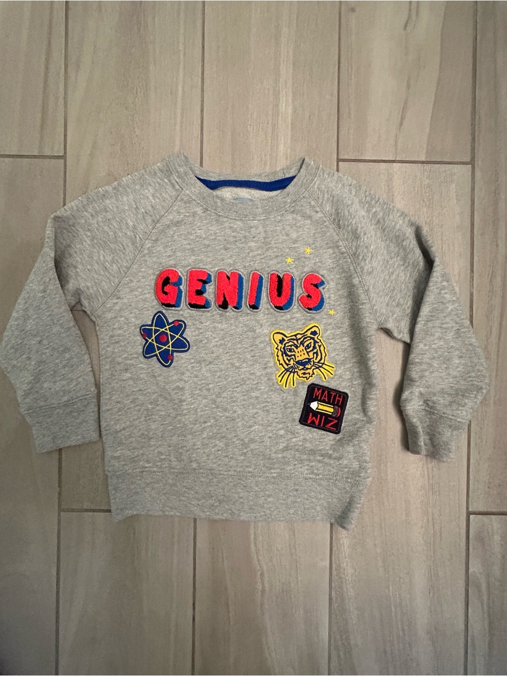 GAP Gray Sweatshirt with Colorful 'GENIUS' Patches